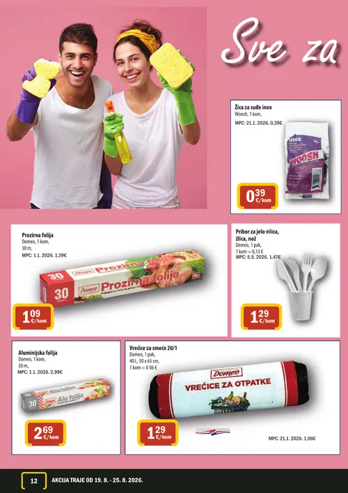 365 Market katalog — stranica 12: Woosh Žica za suđe inox, Domeo Prozirna folija, Domeo Pribor za jelo vilica, žlica, nož, Domeo Aluminijska folija (vrijedi 19. 08. 2026.–25. 08. 2026.)