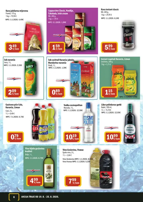 365 Market katalog — stranica 6: Franck Kava jubilarna mljevena, NTL Cappuccino Classic, Vanilija, Čokolada, Irish cream, NTL Kava instant classic, Juicy Sok naranča (vrijedi 19. 08. 2026.–25. 08. 2026.)