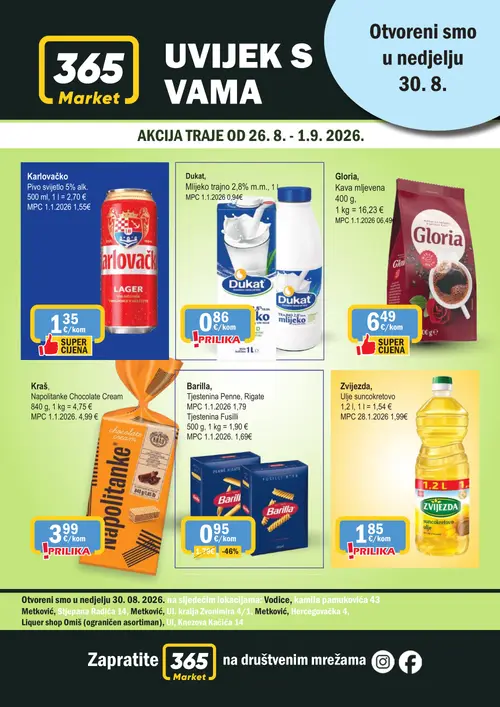 365 Market katalog — stranica 1: Barilla Tjestenina Penne, Rigate, Zvijezda Ulje suncokretovo, Karlovačko Pivo svijetlo 5% alk., Kraš Napolitanke Chocolate Cream (vrijedi 26. 08. 2026.–01. 09. 2026.)