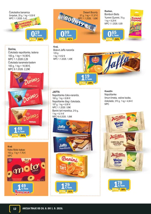 365 Market katalog — stranica 12: Čokoladna bananica, Desert Bounty, Koestlin Napolitanke limun-limeta, voćne kocke, čokolada, Dorina, Čokolada napolitanka, ledena (vrijedi 26. 08. 2026.–01. 09. 2026.)