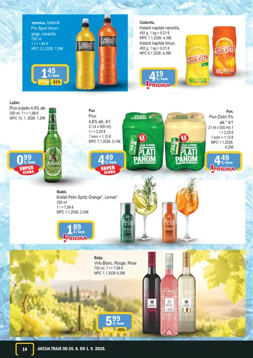 365 Market katalog — stranica 14: Jamnica, Izotonik Pro Sport limun-grejp, naranča, Cedevita Instant napitak naranča, Cedevita Instant napitak limun, Laško Pivo svijetlo 4,9% alk. (vrijedi 26. 08. 2026.–01. 09. 2026.)