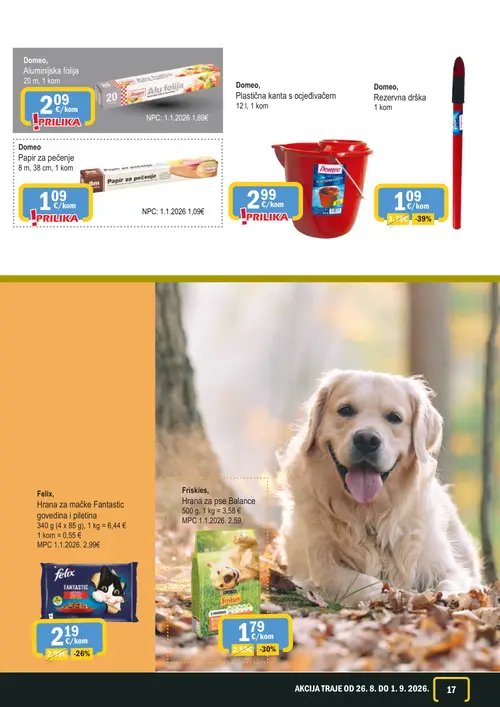 365 Market katalog — stranica 17: Domeo, Rezervna drška, Friskies, Hrana za pse Balance, Felix, Hrana za mačke Fantastic, Domeo, Aluminijska folija (vrijedi 26. 08. 2026.–01. 09. 2026.)