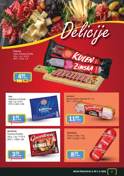 365 Market katalog — stranica 7: Gavrilović, Kobasica Kranjska, Gavrilović, Slànina pečena mesnata VP, Gala, Kobasica za kuhanje, Podravka, Kulen, Kobasica Zimska (vrijedi 26. 08. 2026.–01. 09. 2026.)