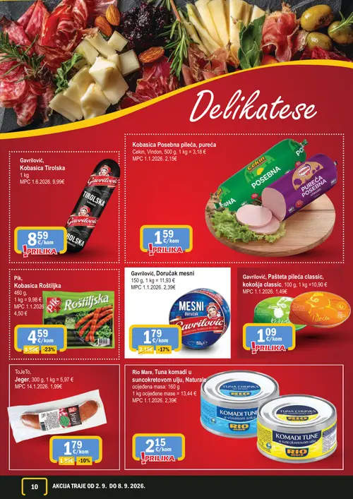 365 Market katalog — stranica 10: Pik Kobasica Roštiljska, Gavriloć Dorucak mesni, ToJeTo Jeger, Rio Mare Tuna komadi u suncokretovom ulju, Naturale (vrijedi 02. 09. 2026.–08. 09. 2026.)