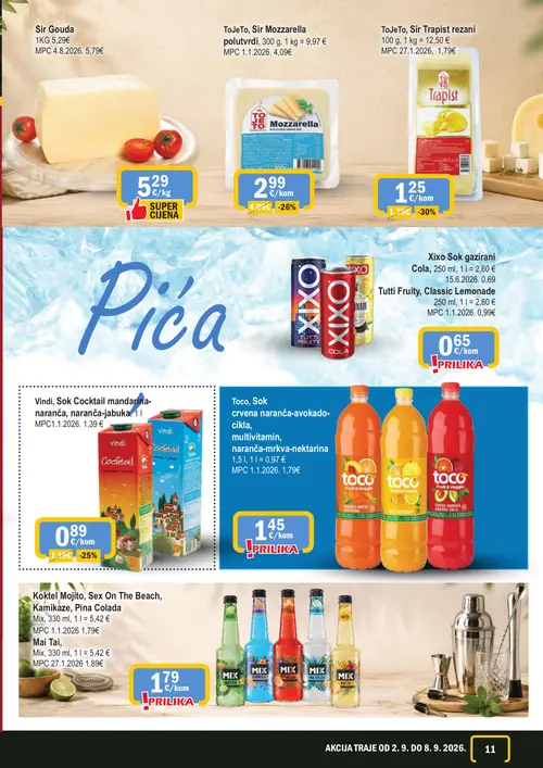 365 Market katalog — stranica 11: ToJeTo Sir Trapist rezani, ToJeTo Sir Mozzarella polutvrdi, Vindi, Sok Cocktail mandarina-naranča, naranča-jabuka, Toco, Sok crvena naranča-avokado-cikla, multivitamin, naranča-mrkva-nektarina (vrijedi 02. 09. 2026.–08. 09. 2026.)