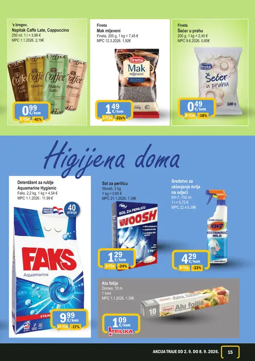 365 Market katalog — stranica 15: Nektar Caffe Late, Cappuccino, KH-7 Sredstvo za uklanjanje mrlja na odjeći, Woosh Sol za perilicu, Fineta Mak mljeveni (vrijedi 02. 09. 2026.–08. 09. 2026.)
