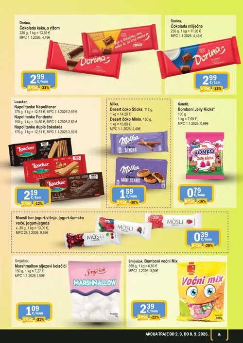 365 Market katalog — stranica 5: Dorina Čokolada keks, s rižom, Dorina Čokolada mliječna, Smiješak Marshmallow sljezovi kolačići, Smiješak Bomboni voćni Mix (vrijedi 02. 09. 2026.–08. 09. 2026.)