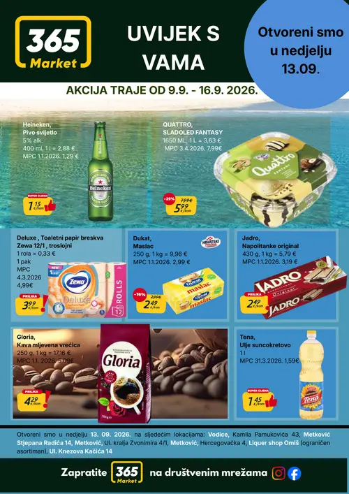 365 Market katalog — stranica 1: QUATTRO, SLADOLED FANTASY, Dukat, Maslac, Tena, Ulje suncokretovo, Gloria, Kava mljevena vrećica (vrijedi 09. 09. 2026.–15. 09. 2026.)