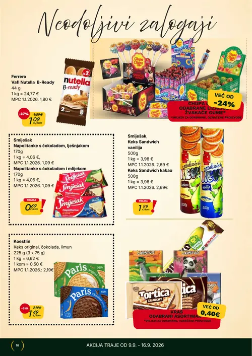 365 Market katalog — stranica 10: Koestlin Keks original, čokolada, limun, Ferrero Vafli Nutella B-Ready, Smještak Smještaj Napolitanke s čokoladom, lješnjakom, Smještak Smještaj Napolitanke s čokoladom i mlijekom (vrijedi 09. 09. 2026.–15. 09. 2026.)