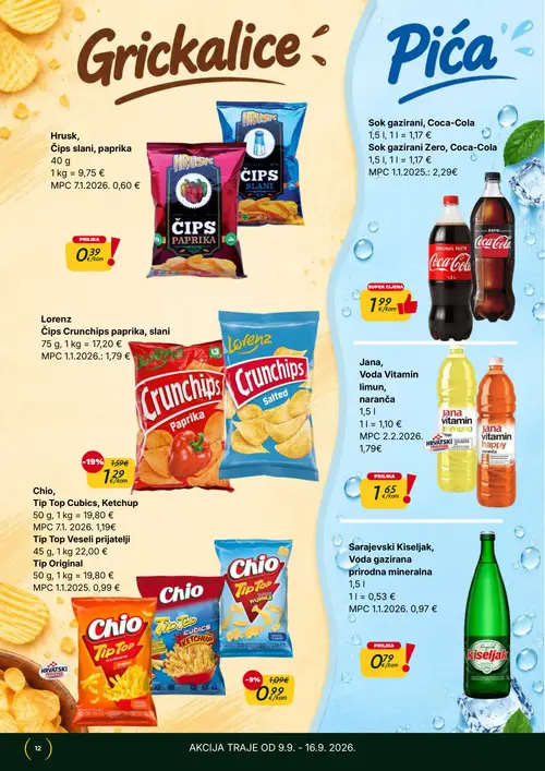 365 Market katalog — stranica 12: Coca-Cola Sok gazirani, Coca-Cola, Coca-Cola Sok gazirani Zero, Coca-Cola, Sarajevski Kiseljak Voda gazirana prirodna mineralna, Jana Voda Vitamin limun (vrijedi 09. 09. 2026.–15. 09. 2026.)