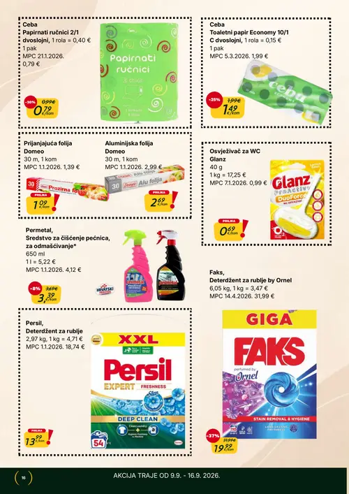 365 Market katalog — stranica 16: Faks, Deterdžent za rublje by Ornel, Ceba Toaletni papir Economy 10/1 dvoslojni, Permetal, Sredstvo za čišćenje pećnica, za odmašćivanje*, Ceba Papirnati ručnici 2/1 dvoslojni (vrijedi 09. 09. 2026.–15. 09. 2026.)