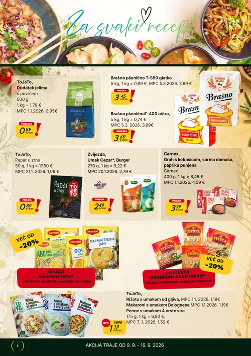 365 Market katalog — stranica 3: ToJeTo, Rižoto s umakom od gljiva, ToJeTo, Makaroni s umakom Bolognese, ToJeTo, Penne s umakom 4 vrste sira, Carnex Grah s kobasicom, sarma domaća, paprika punjena (vrijedi 09. 09. 2026.–15. 09. 2026.)
