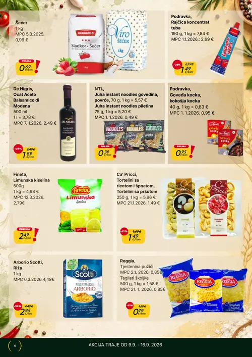 365 Market katalog — stranica 4: Reggia Tjestenina pužići, Ca' Pricci Tortelini sa ricotomi i špinatom, Tortelini sa pršutom, NTL Juha instant noodles govedina, povrće, De Nigris Ocat Aceto Balsamico di Modena (vrijedi 09. 09. 2026.–15. 09. 2026.)
