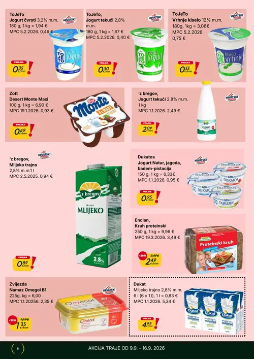 365 Market katalog — stranica 6: Zvijezda Namaz Omegol B1, Encian Kruh proteinski, ToJeTo Jogurt čvrsti 3,2% m.m., ToJeTo Jogurt tekući 2,8% m.m. (vrijedi 09. 09. 2026.–15. 09. 2026.)