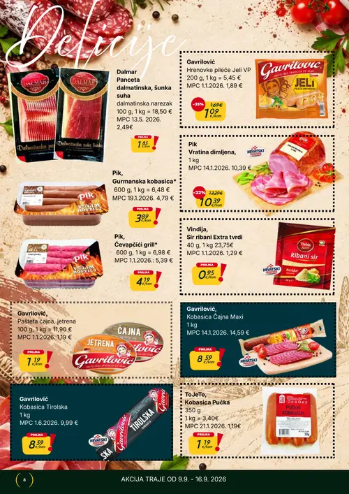 365 Market katalog — stranica 8: Gavrilović, Pašteta čajna, jetrena, ToJeTo, Kobasica Pučka, Gavrilović, Kobasica čajna Maxi, Pik Čevapčići grill* (vrijedi 09. 09. 2026.–15. 09. 2026.)
