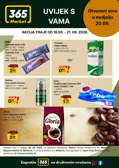 365 Market katalog — stranica 1: Ceba Toaletni papir economy 10/1, Gloria Kava mljevena vrećica, Milka Čokolada Alpine milk, Milka Čokolada Oreo (vrijedi 16. 09. 2026.–22. 09. 2026.)