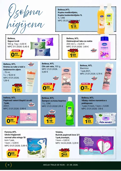 365 Market katalog — stranica 12: Bellesa,NTL Kupka med&mlijeko, Kupka badem&mlijeko, Bellesa, NTL Šampon za kosu kopriva, Violeta, Ručnik papirnati love 3/1, Bellesa, NTL Odstranjivač laka za nokte (vrijedi 16. 09. 2026.–22. 09. 2026.)