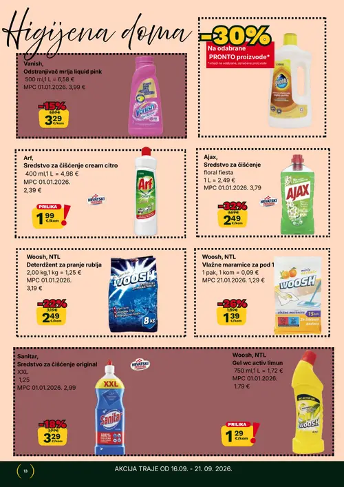 365 Market katalog — stranica 13: Ajax, Sredstvo za čišćenje floral fiesta, Woosh, NTL Vlažne maramice za pod, Woosh, NTL Deterdžent za pranje rublja, Sanitar, Sredstvo za čišćenje original XXL (vrijedi 16. 09. 2026.–22. 09. 2026.)