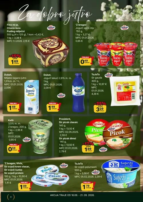 365 Market katalog — stranica 3: ToJeTo Sir gauda, President, Sir picok dimsi, Fino mi je, Choco-loco Puding mliječni, 'Z bregov Jogurt voćni mix (vrijedi 16. 09. 2026.–22. 09. 2026.)