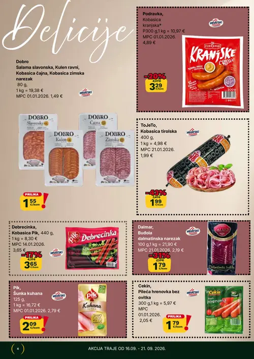 365 Market katalog — stranica 4: TojeTo, Kobasica tirolska, Dalmar, Budola dalmatinska narezak, Podravka, Kranjske classic, Pik Debrecinka, Kobasica Pik (vrijedi 16. 09. 2026.–22. 09. 2026.)