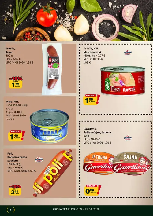 365 Market katalog — stranica 5: Poli, Kobasica pileća posebnа, ToJeTo, Jeger, ToJeTo, NTL Mesni narezak, Mare, NTL Tuna komadi u ulju (vrijedi 16. 09. 2026.–22. 09. 2026.)