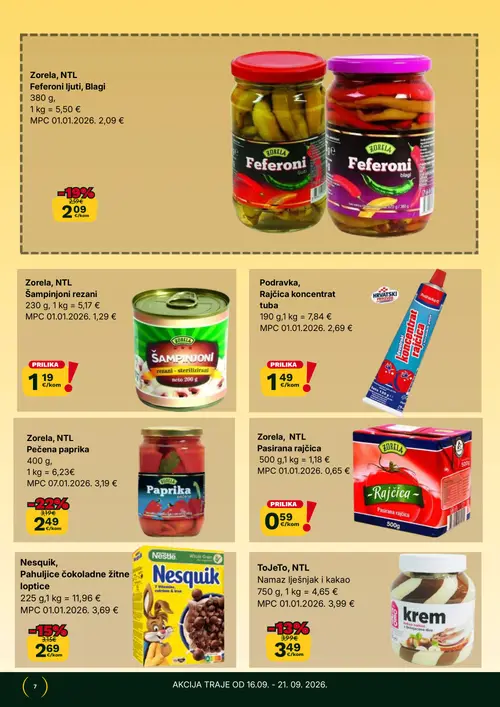 365 Market katalog — stranica 7: ZORELA Feferoni ljuti, blagi, ZORELA Šampinjoni rezani, PODRAVKA Rajčica koncentrat tuba, ZORELA Pečena paprika (vrijedi 16. 09. 2026.–22. 09. 2026.)