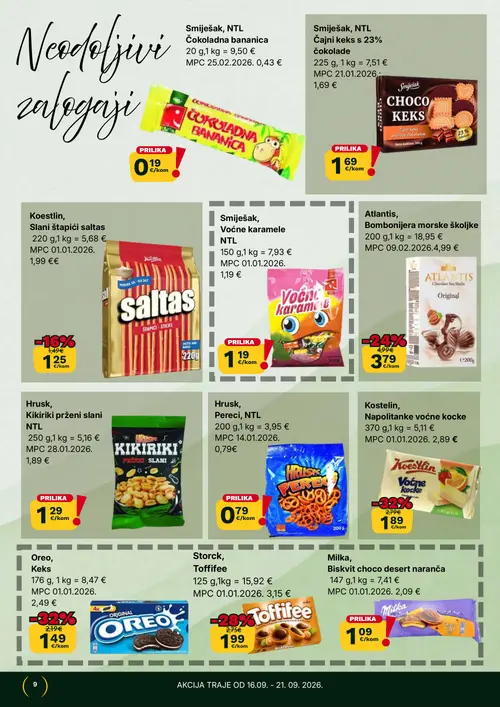 365 Market katalog — stranica 9: Kostelin, Napolitanke voćne kocke, Oreo, Keks, Storck, Toffifee, Atlantis, Bonbonijera morske školjke (vrijedi 16. 09. 2026.–22. 09. 2026.)
