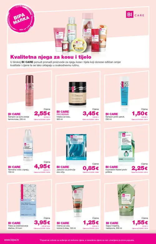 Bipa katalog — stranica 22: BI CARE Jastučići za područje oko očiju, BI CARE Krema za ruke, kokos & shea, BI CARE Termalna voda u spreju, BI CARE Šampon za suho pranje tamne kose (vrijedi 06. 08. 2026.–19. 08. 2026.)