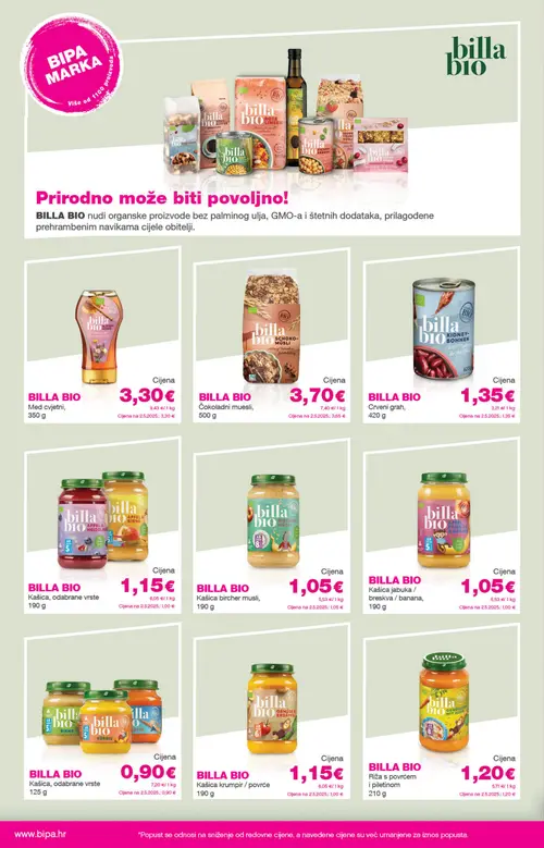 Bipa katalog — stranica 24: BILLA BIO Crveni grah, BILLA BIO Kašica, odabrane vrste, BILLA BIO Med cvjetni, BILLA BIO Čokoladni muesli (vrijedi 06. 08. 2026.–19. 08. 2026.)