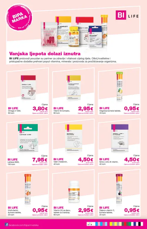 Bipa katalog — stranica 23: BI LIFE Omega 3 1000, 60 kom, BI LIFE Vitamin B-komplex, 60 kom, BI LIFE Magnezij šumeće tablete, 20 kom, BI LIFE Laktaza 6000, 100 kom (vrijedi 09. 07. 2026.–22. 07. 2026.)