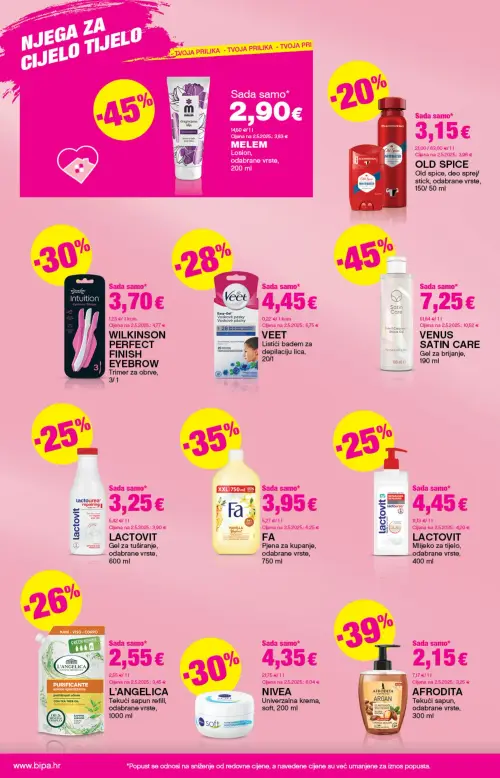 Bipa katalog — stranica 10: FA Pjena za kupanje, odabrane vrste, AFRODITA Tekući sapun, odabrane vrste, VENUS Satin Care Gel za brijanje, NIVEA Univerzalna krema, soft (vrijedi 11. 06. 2026.–24. 06. 2026.)