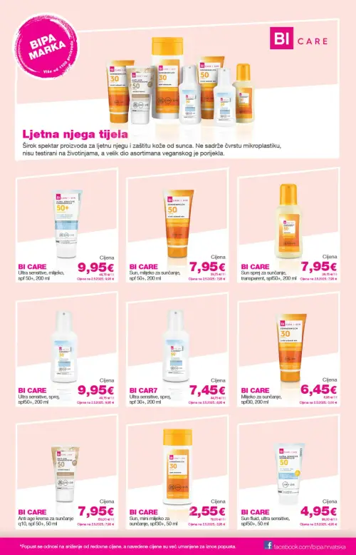 Bipa katalog — stranica 23: BI CARE Sun, mini mlijeko za sunčanje, spf30+, BI CARE Ultra sensitive, sprej, spf 30+, BI CARE Anti age krema za sunčanje q10, spf 50+, BI CARE Sun fluid, ultra sensitive, spf50+ (vrijedi 11. 06. 2026.–24. 06. 2026.)