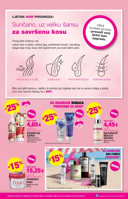Bipa katalog — stranica 9: NATURAVIT BEACH WAVES Sprej za kosu, ESSENCIA ADRIA Eliksir/ šampon s jabučnim octom, SHISEIDO FINO Maska za kosu (vrijedi 11. 06. 2026.–24. 06. 2026.)