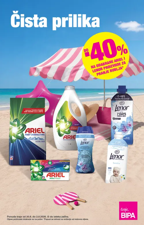 Bipa katalog — stranica 1: Lenor Lenor omekšivač, Lenor Lenor u-mirisne perle, Lenor Lenor omekšivač, Ariel Ariel Allin1 PODS (vrijedi 20. 08. 2026.–02. 09. 2026.)