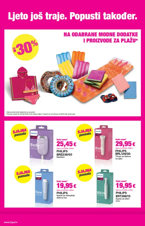 Bipa katalog — stranica 24: PHILIPS Trimer za dlačice na tijelu BRL128/00, PHILIPS Aparat za bikini zonu BRT398/15, PHILIPS Aparat za uklanjanje dlačica lice, PHILIPS Epilator Body BRE238/00 (vrijedi 20. 08. 2026.–02. 09. 2026.)