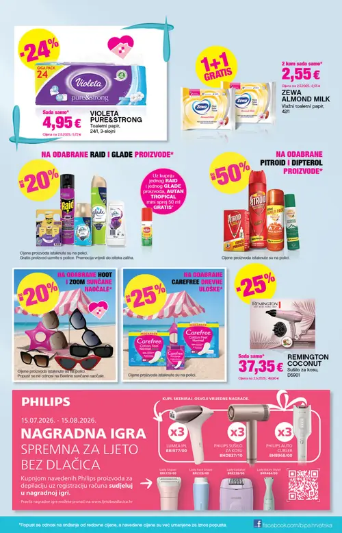 Bipa katalog — stranica 19: Remington REMINGTON COCONUT sušilo za kosu D5901, Violeta VIOLETA PURE&STRONG toaletni papir, Zewa ZEWA ALMOND MILK vlažni toaletni papir, Pitroid PITROID SVE KUĆE (vrijedi 23. 07. 2026.–05. 08. 2026.)