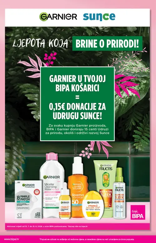 Bipa katalog — stranica 20: GARNIER 8h Pimple Patch Invisible, GARNIER Micellar Cleansing Water All-in-1, GARNIER Pure Active Vitamin C+ Brightening Serum, GARNIER Ambre Solaire Sensitive Advanced SPF 50 Hydrating Sun Water (vrijedi 23. 07. 2026.–05. 08. 2026.)