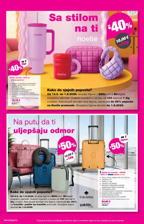 Bipa katalog — stranica 22: travelite paklite by travelite - TREND kofer S, noelle Termo Tumbler 1200 ml - pink/purple/red (vrijedi 25. 06. 2026.–08. 07. 2026.)