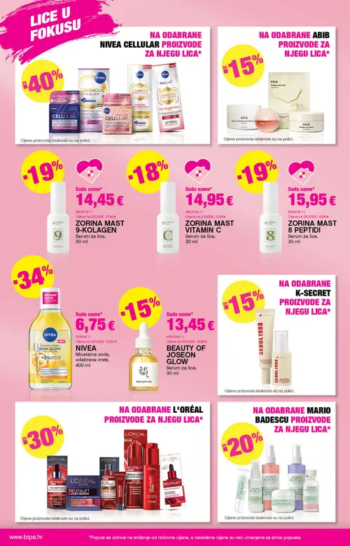 Bipa katalog — stranica 12: NIVEA Micelarna voda, odabrane vrste, ZORINA MAST 9-KOLAGEN Serum za lice, ZORINA MAST 8 PEPTIDI Serum za lice, BEAUTY OF JOSEON Glow Serum za lice (vrijedi 01.10.–14.10.2026.)