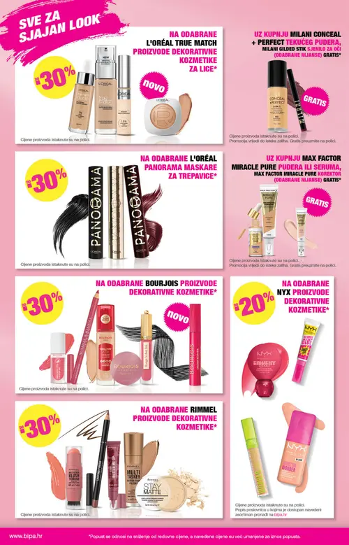 Bipa katalog — stranica 2: Rimmel Multi-Tasker Blush 'n' Brush, Milani Gilded stik sjenilo za oči, Bourjois Healthy Mix S.O.S. Lip Oil, L'Oréal True Match puder u kamenu (vrijedi 01.10.–14.10.2026.)