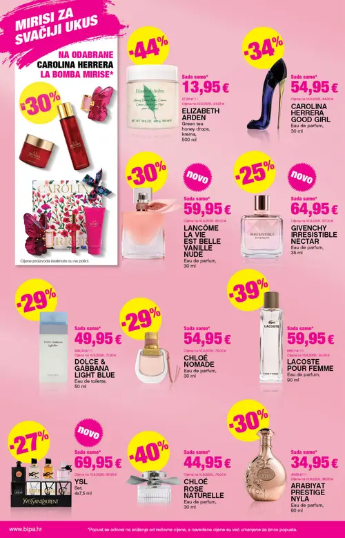 Bipa katalog — stranica 4: ARABIYAT Prestige Nyla Eau de parfum, ELIZABETH ARDEN Green Tea Honey Drops Body Cream, CHLOÉ Rose Naturelle Eau de parfum, LACOSTE Pour Femme Eau de parfum (vrijedi 01.10.–14.10.2026.)