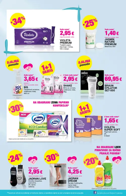 Bipa katalog — stranica 23: VIOLETA PREMIUM Toaletni papir, bez boje i mirisa, 10/1, 3-slojni, JADRAN DREAM Ženske hulahopke, razne boje i veličine, 8 den, JADRAN LOVE Ženske stopalice, pamučne, 2/1, razne veličine, JASMIN NATURE PREMIUM Blazinice, 50/1 (vrijedi 03. 09. 2026.–16. 09. 2026.)