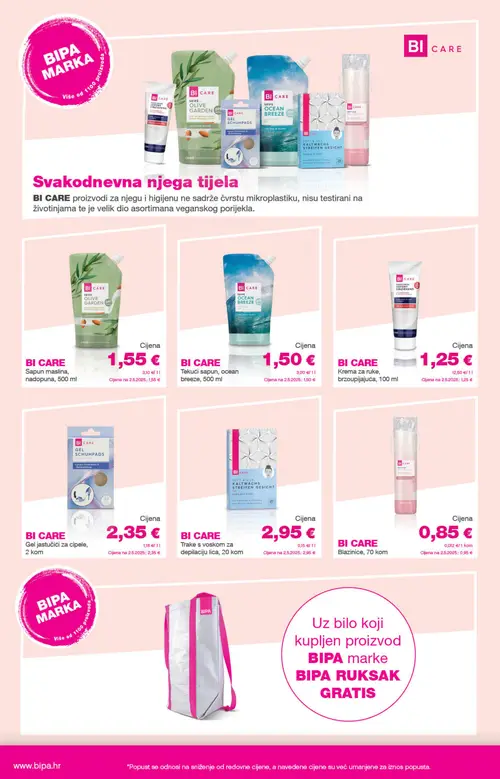 Bipa katalog — stranica 26: BI CARE Sapun maslina, nadopuna, BI CARE Tekući sapun, ocean breeze, BI CARE Krema za ruke, brzoupijajuća, BI CARE Gel jastučići za cipele (vrijedi 03. 09. 2026.–16. 09. 2026.)