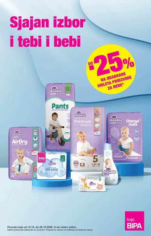 Bipa katalog — stranica 1: Violeta double care Ringelblume vlažne maramice, Violeta double care Change mats, Violeta double care AirDry, Violeta double care (vrijedi 15.10.–28.10.2026.)