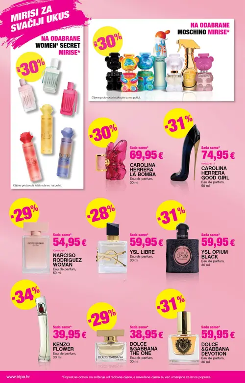 Bipa katalog — stranica 4: CAROLINA HERRERA LA BOMBA, YSL LIBRE, KENZO FLOWER, DOLCE & GABBANA DEVOTION (vrijedi 15.10.–28.10.2026.)
