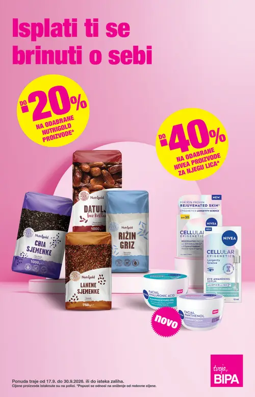 Bipa katalog — stranica 1: NIVEA Facial Panthenol Barrier Cream, NIVEA Cellular Epigenetics Eye Awakening Serum, NIVEA Cellular Epigenetics Rejuvenating Day Cream SPF 30, Nutrigold Lanene sjemenke (vrijedi 17. 09. 2026.–30. 09. 2026.)