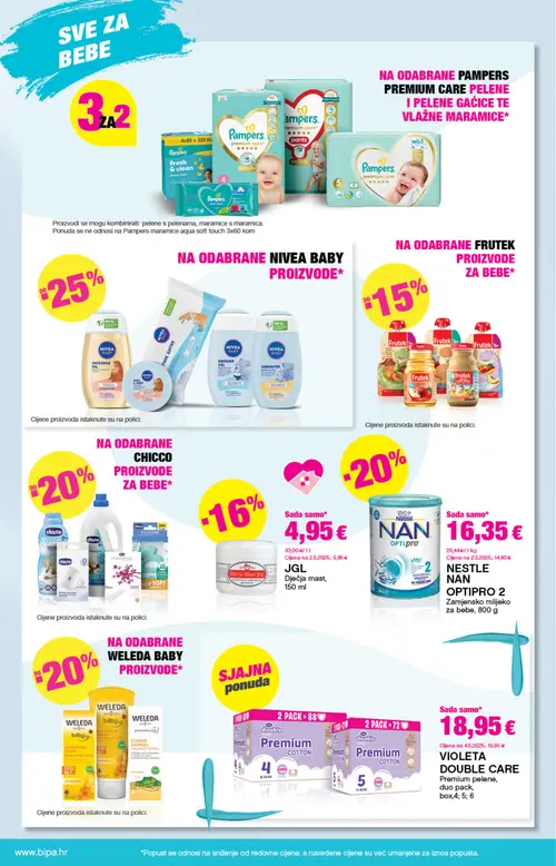 Bipa katalog — stranica 16: JGL Dječja mast, VIOLETA DOUBLE CARE Premium pelene, duo pack, NESTLE NAN OPTIPRO 2 Zamjensko mlijeko za bebe (vrijedi 17. 09. 2026.–30. 09. 2026.)