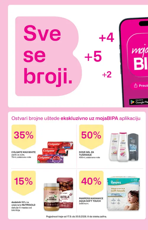 Bipa katalog — stranica 22: COLGATE MAX WHITE paste za zube, 75ml, odabrane vrste, DOVE GEL ZA TUŠIRANJE 400ml, odabrane vrste, Nutrigold DATULJE bez koštica, PAMPERS MARAMICE AQUA SOFT TOUCH 3x60 kom. (vrijedi 17. 09. 2026.–30. 09. 2026.)