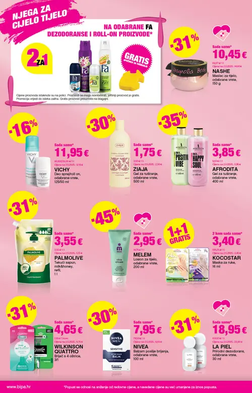 Bipa katalog — stranica 8: AFRODITA Gel za tuširanje, odabrane vrste, PALMOLIVE Tekući sapun, milk&honey, refil, WILKINSON QUATTRO Brijač s 4 oštrice, ZIAJA Gel za tuširanje, odabrane vrste (vrijedi 17. 09. 2026.–30. 09. 2026.)