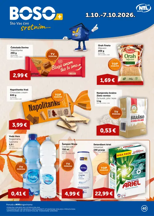 Boso katalog — stranica 1: Kraš Napolitanke Kraš Chocolate cream, Čokolada Dorina Napolitanke, Fineta Orah Fineta Mljeveni, Zlato ravnice Namjensko brašno Zlato ravnice (vrijedi 01.10.–07.10.2026.)